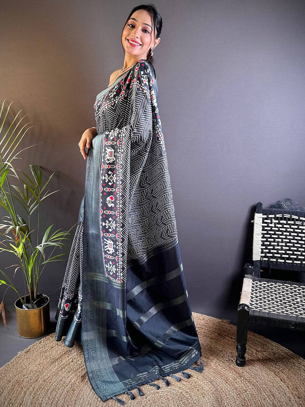 Grey Zig Zag Kalamkari Kanchi Silk Saree
