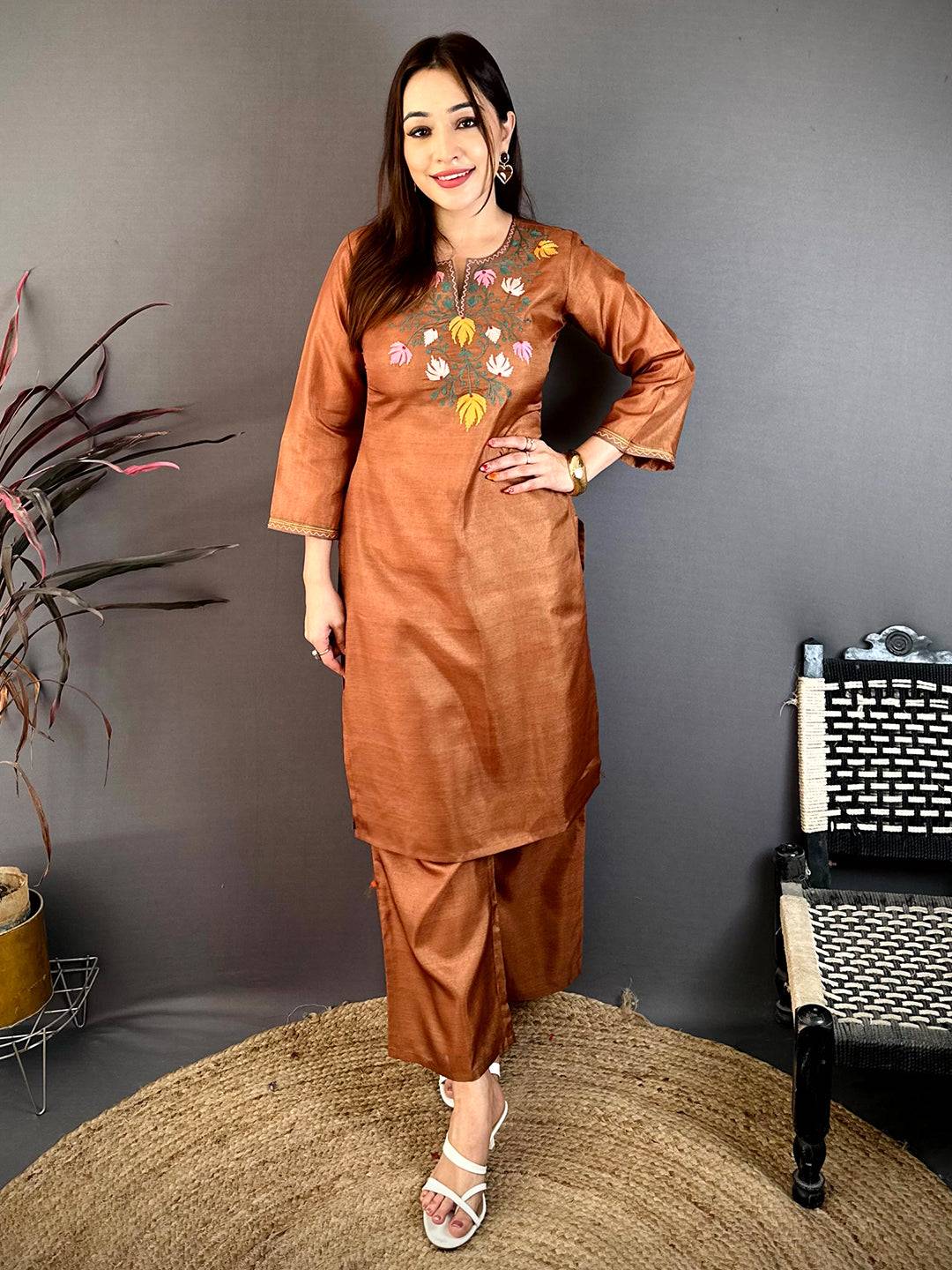 Brown Ari Work Cotton Zari Kurti