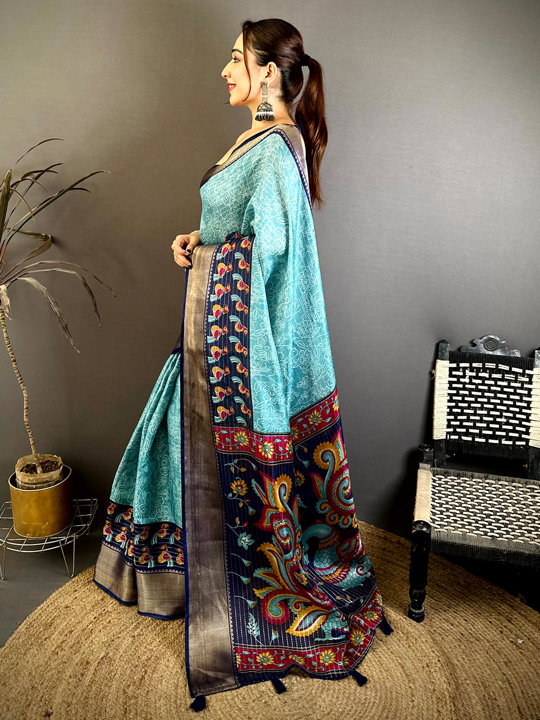 Royal Zari Katha Pattern Kalamkari Saree