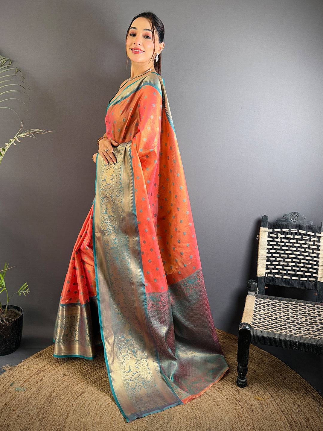 Orange Kanjivaram Zari Tissue Saree