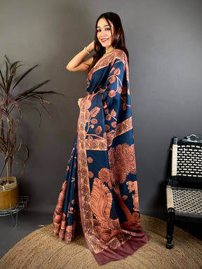 Navy Blue Soft Tussar Kalamkari Print Saree