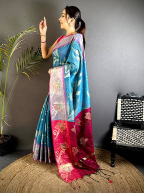 Turquoise Blue Soft Chanderi Pochampally Ikkat Saree
