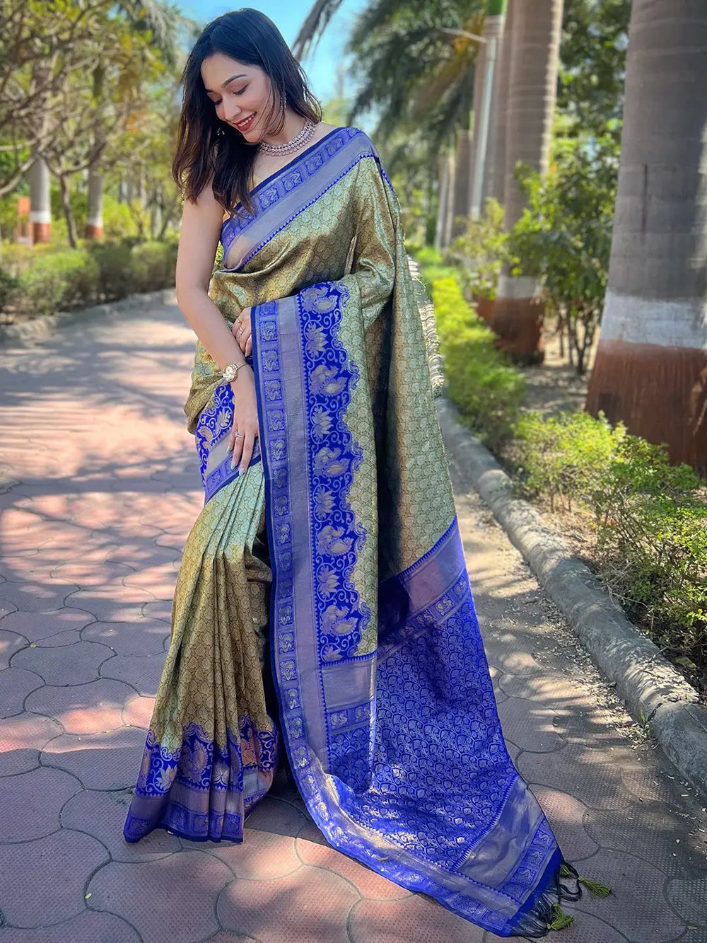 Olive Bollywood Kanjivaram saree with blue border