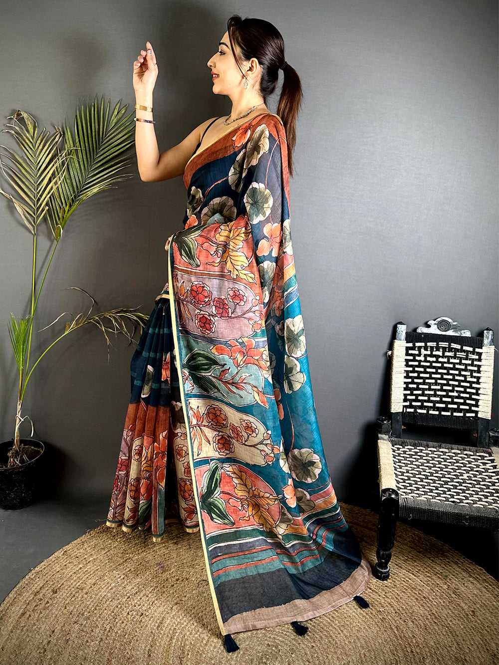 Royal Hand Block Floral Linen Saree


