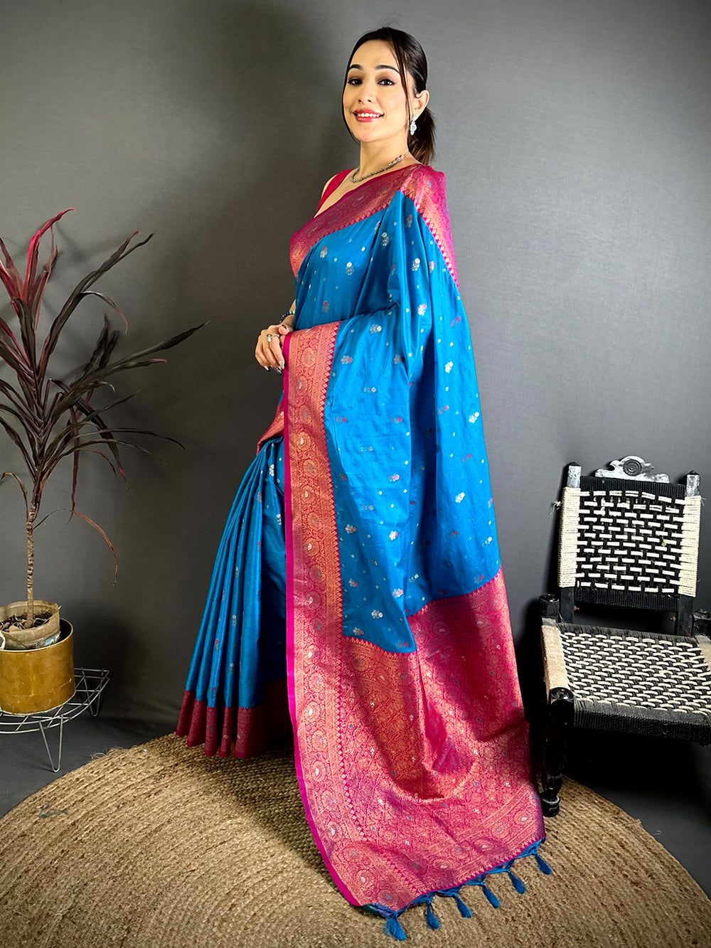 Sky Blue Minakari Butti Zari Tissue Saree