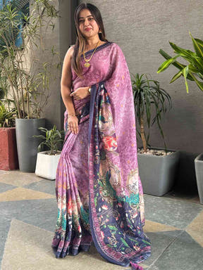 Purple linen saree with digital print and intricate design