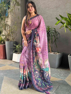 Purple linen saree with digital print and intricate design