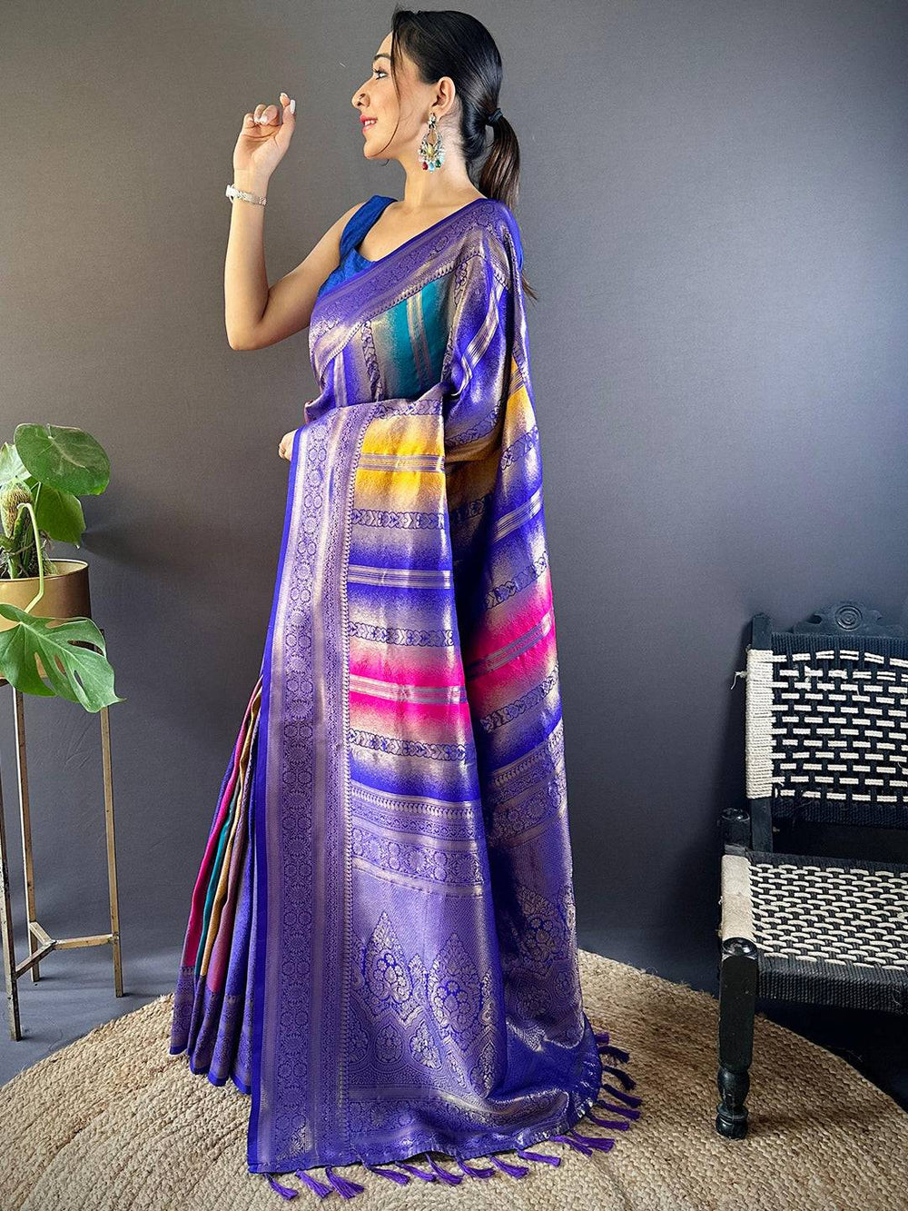 Regal Purple Stripes Banarasi Silk Saree