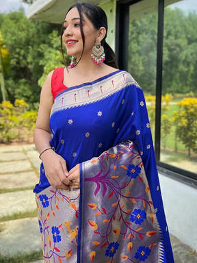 Elegant Royal Blue Paithani Saree with Intricate Woven Patterns