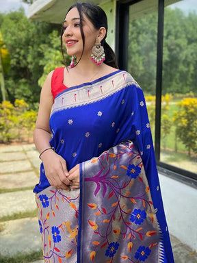 Elegant Royal Blue Paithani Saree with Intricate Woven Patterns