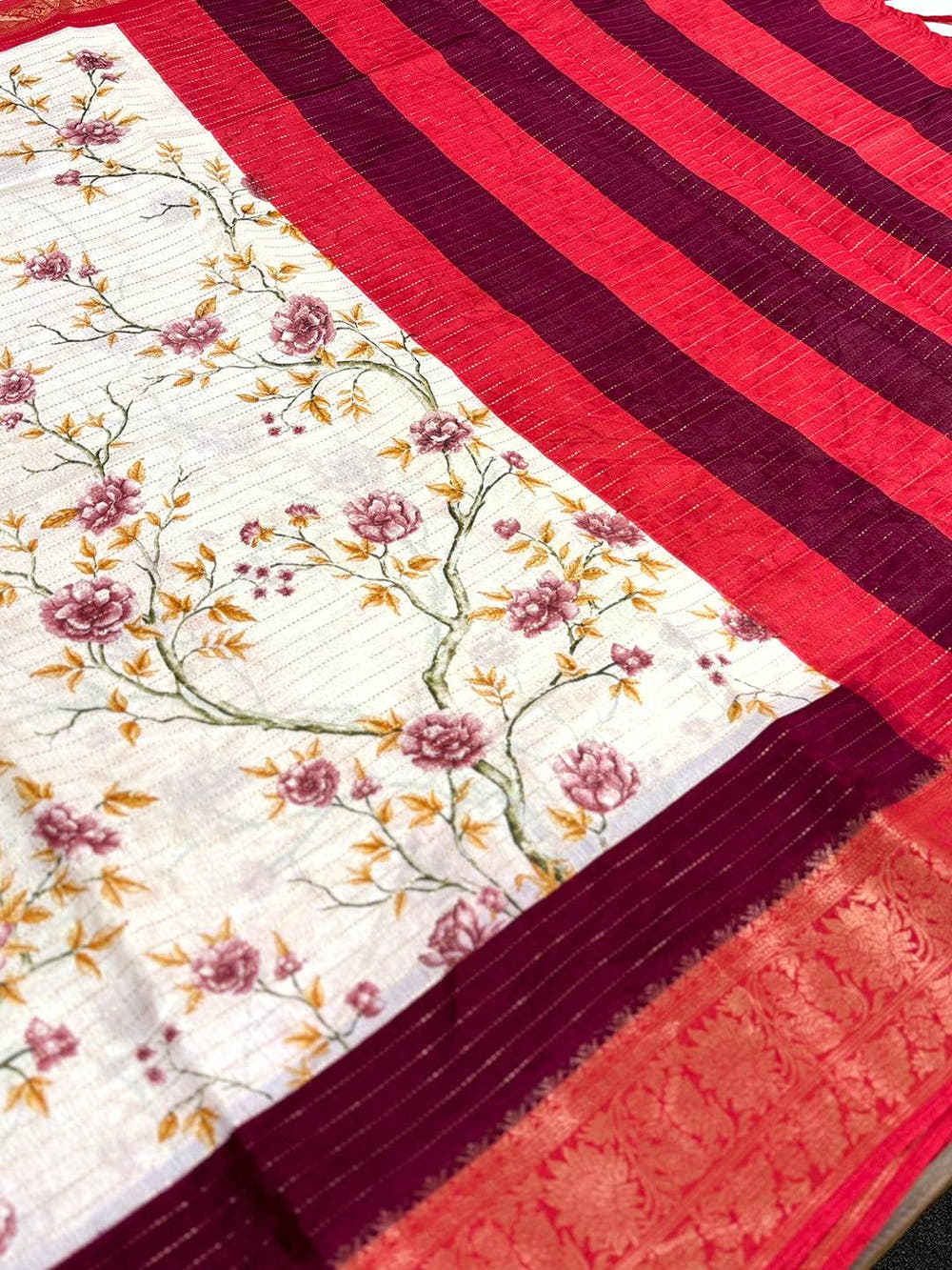 Red Soft Dola Silk Zari Katha Saree