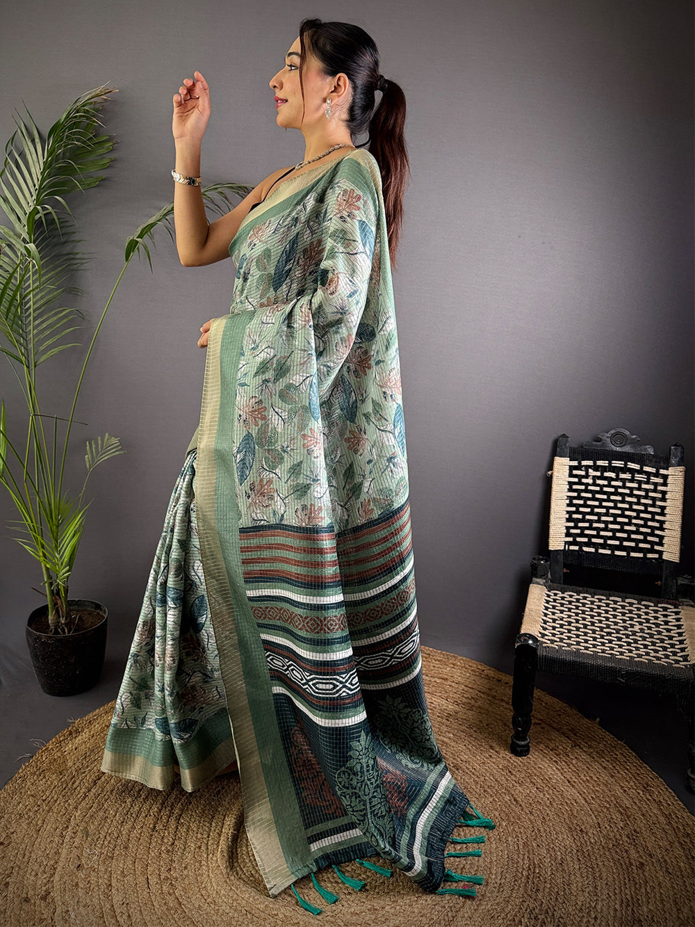 Green Tussar Chex Floral Print Saree