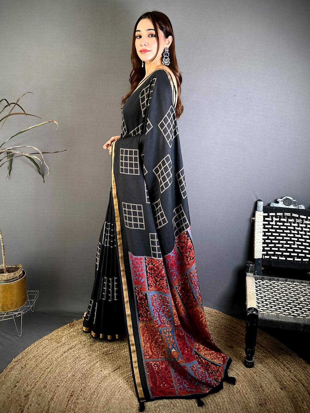 Black Mul Cotton Kalamkari Print Pallu Saree