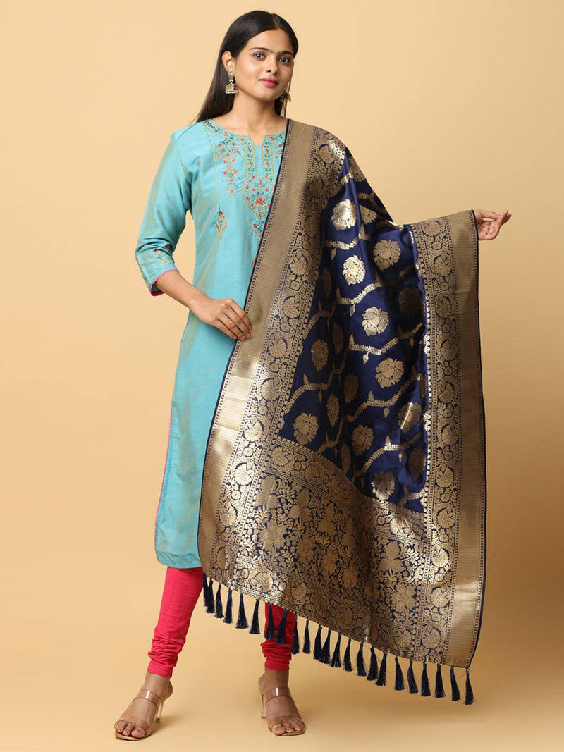 Dark blue silk blend dupatta with woven design and resham tassels