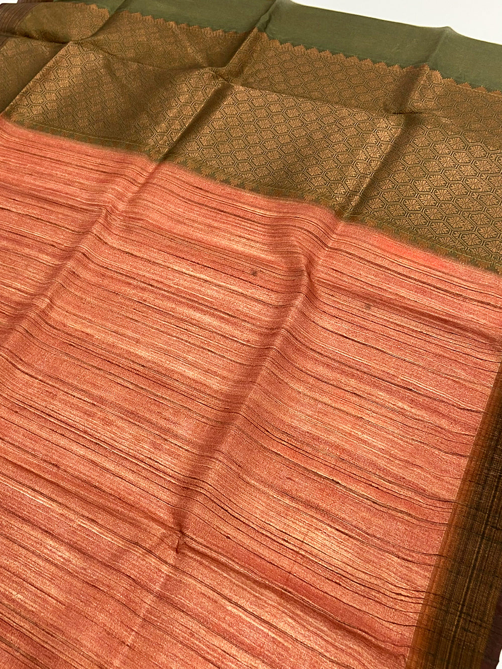 Rust Orange Tussar Ghicha Print Saree