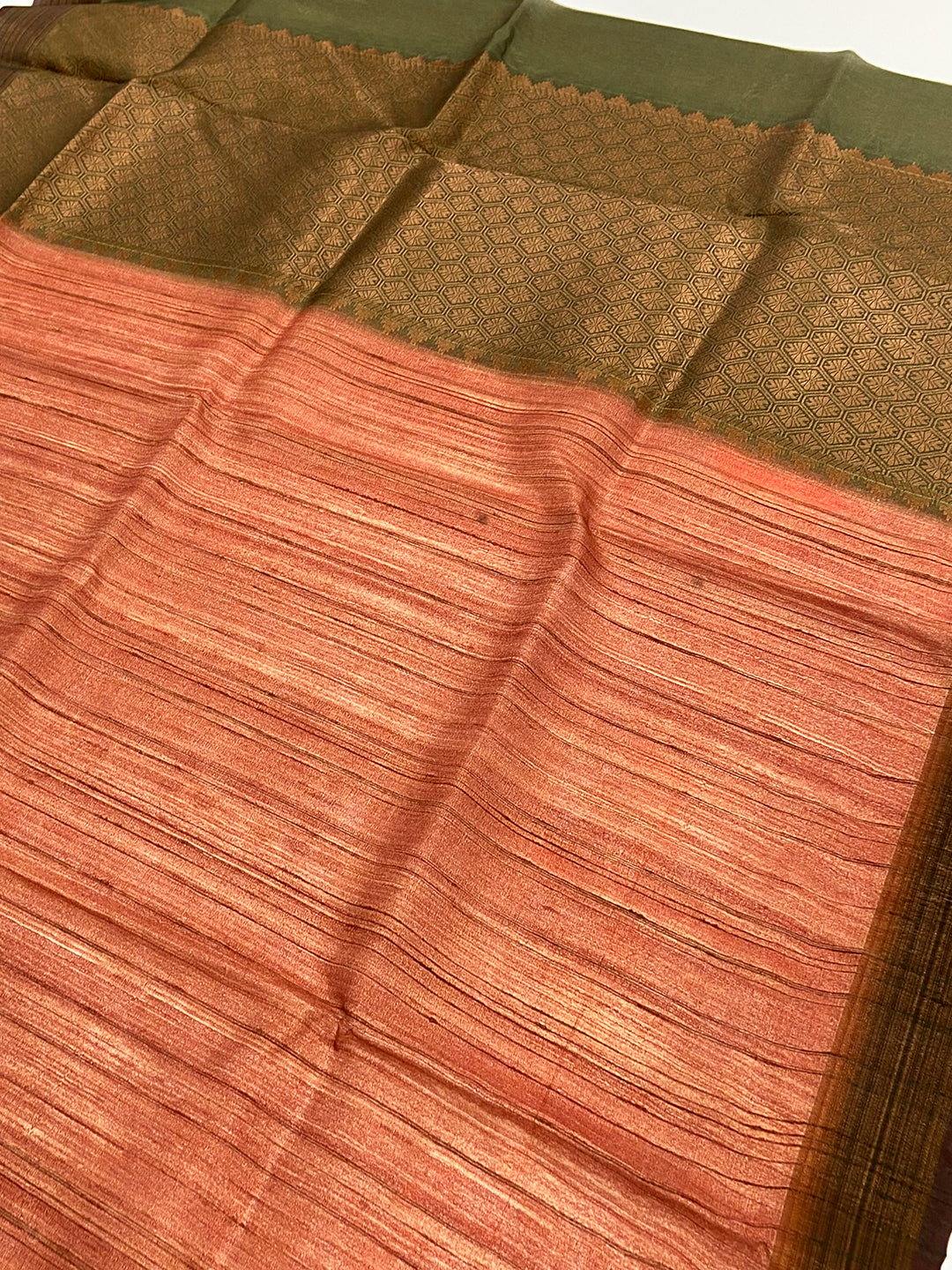 Rust Orange Tussar Ghicha Print Saree