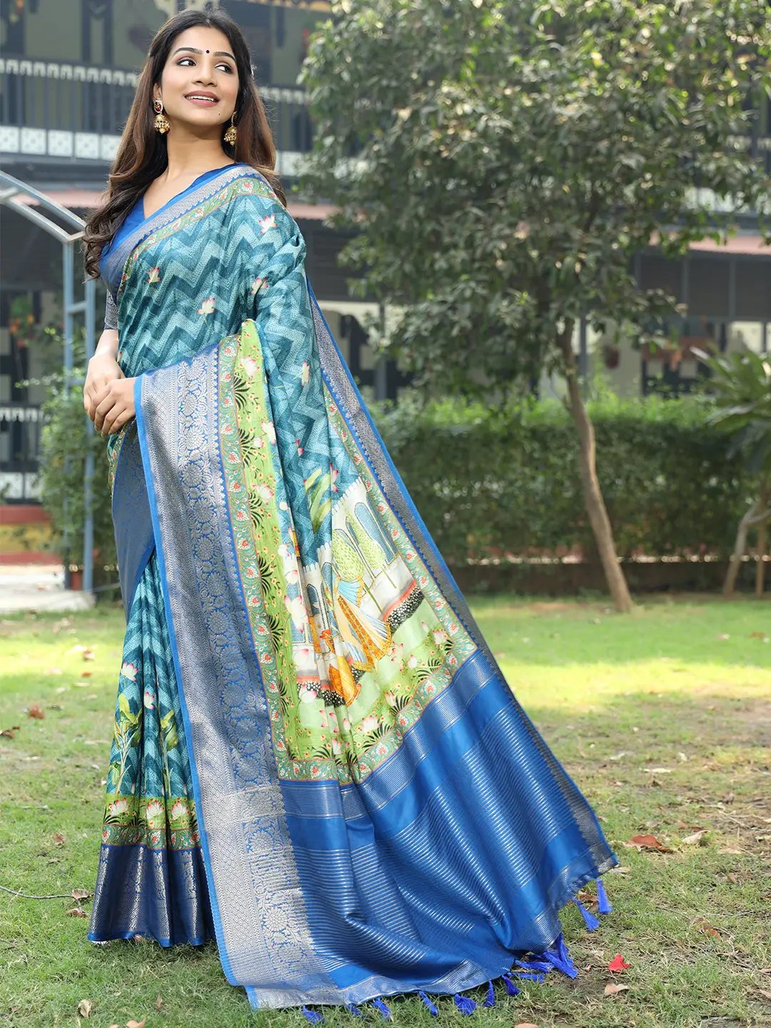  Blue Viscose Dola Silk Saree With Pichwai Kalamkari Print