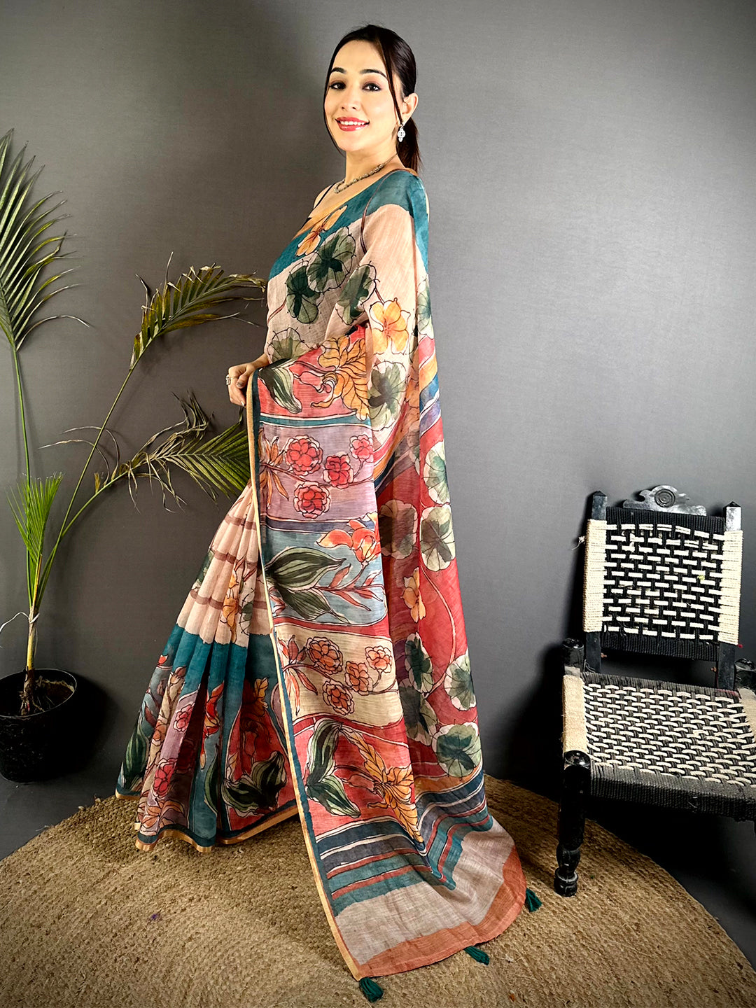 Heritage Hand Block Floral Linen Saree
