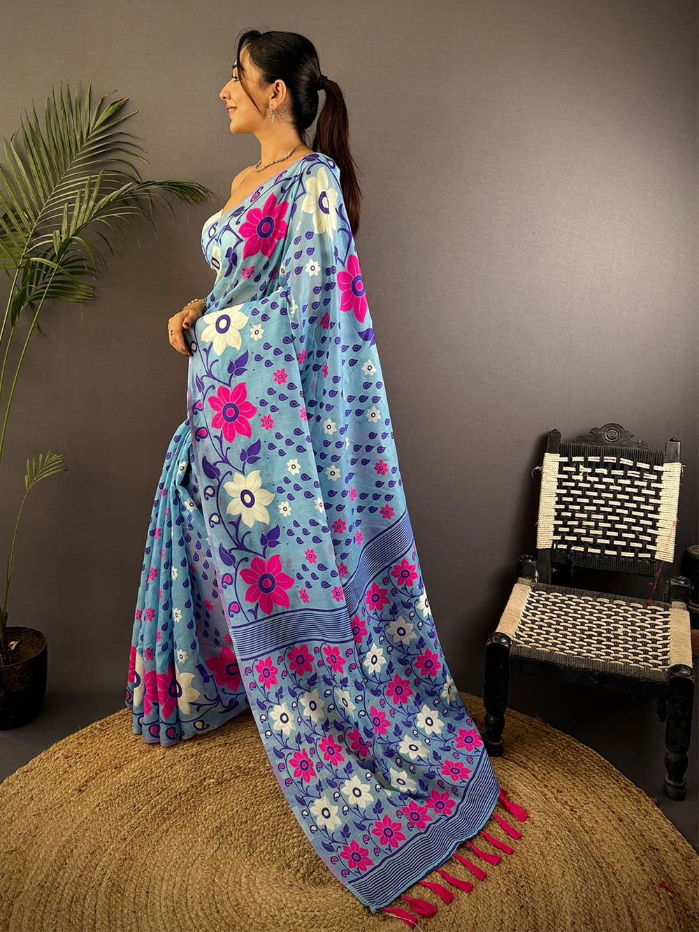 Radiant Sky Blue Dhakai Jamdani Cotton Silk Saree