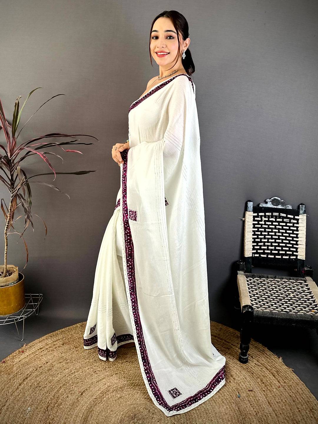 Wine Bandhej Butta Chiffon Saree