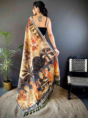 Orange Gold Zari Tussar Batik Print Saree