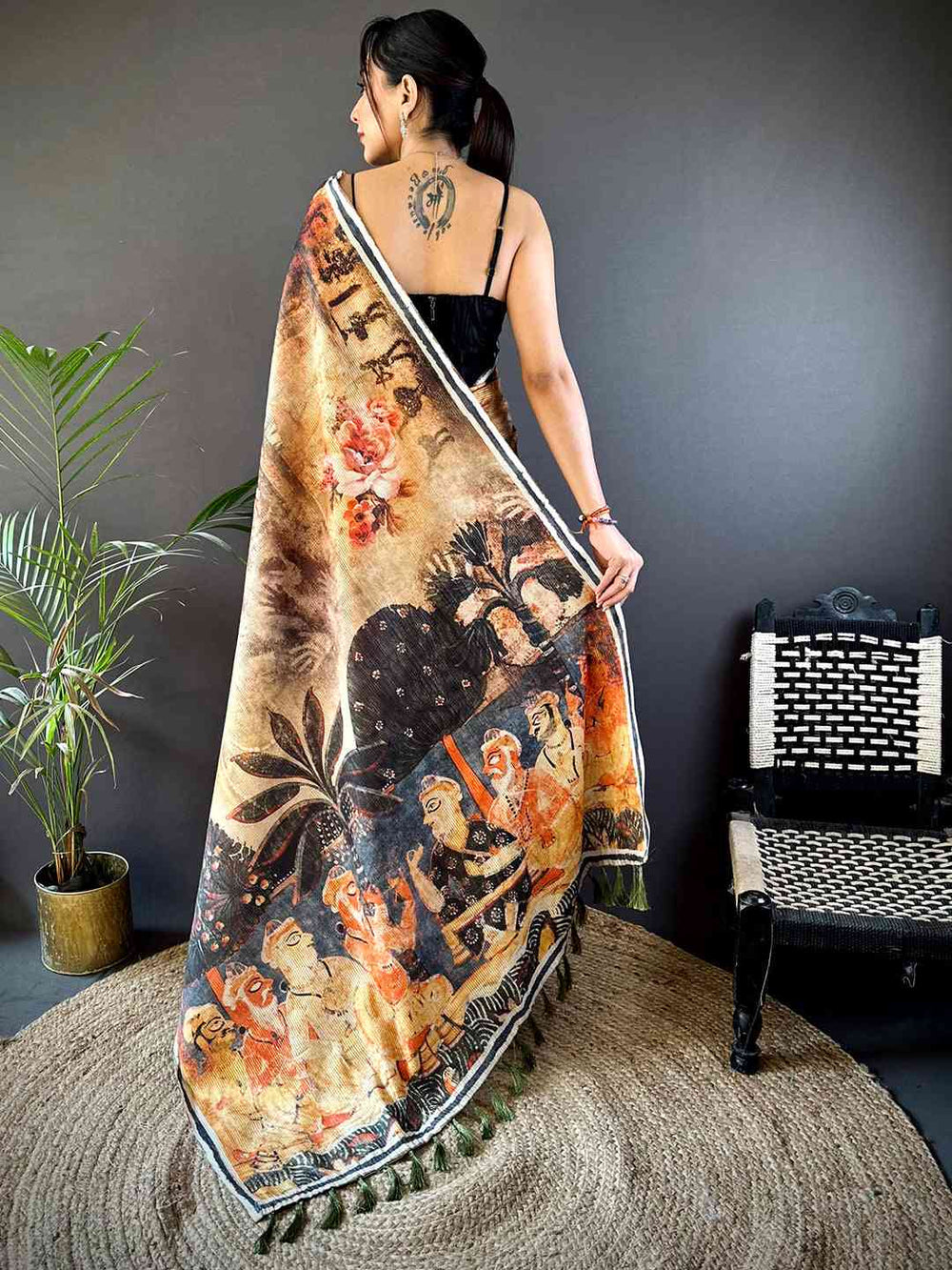Orange Gold Zari Tussar Batik Print Saree