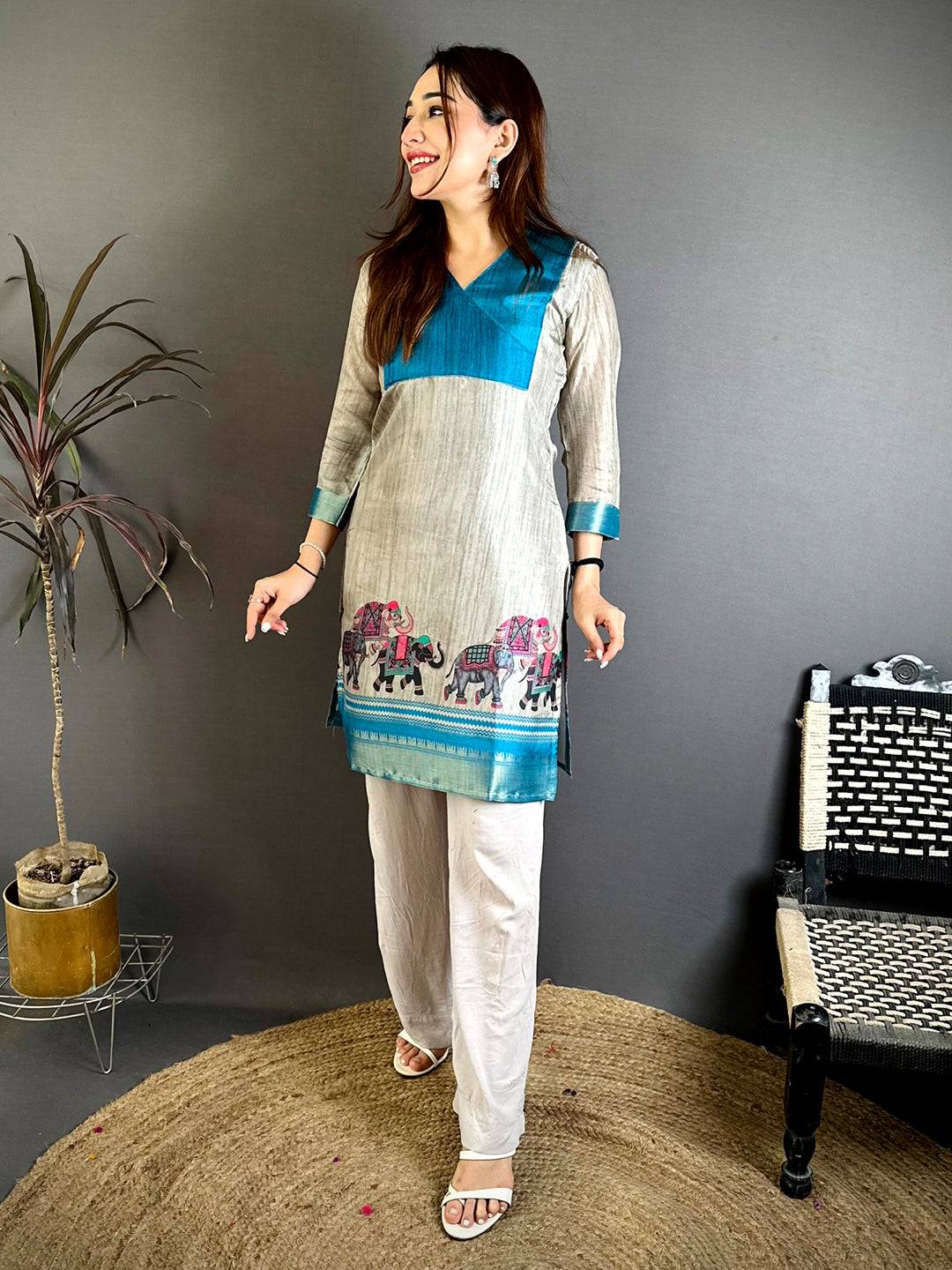Elegant Soft Dola Silk V-Neck Flared Kurti