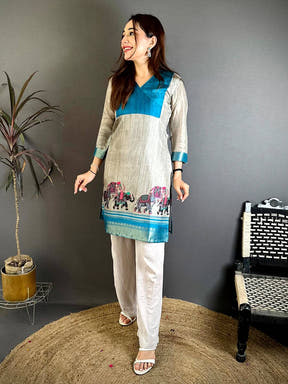 Elegant Soft Dola Silk V-Neck Flared Kurti