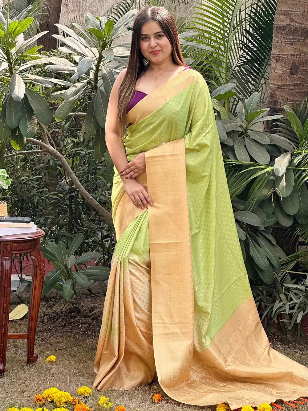 Soft Silk Banarasi Ombre Saree in garden setting