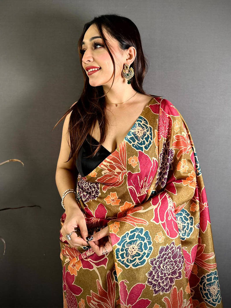 Stylish Tussar Bold Floral Print Saree