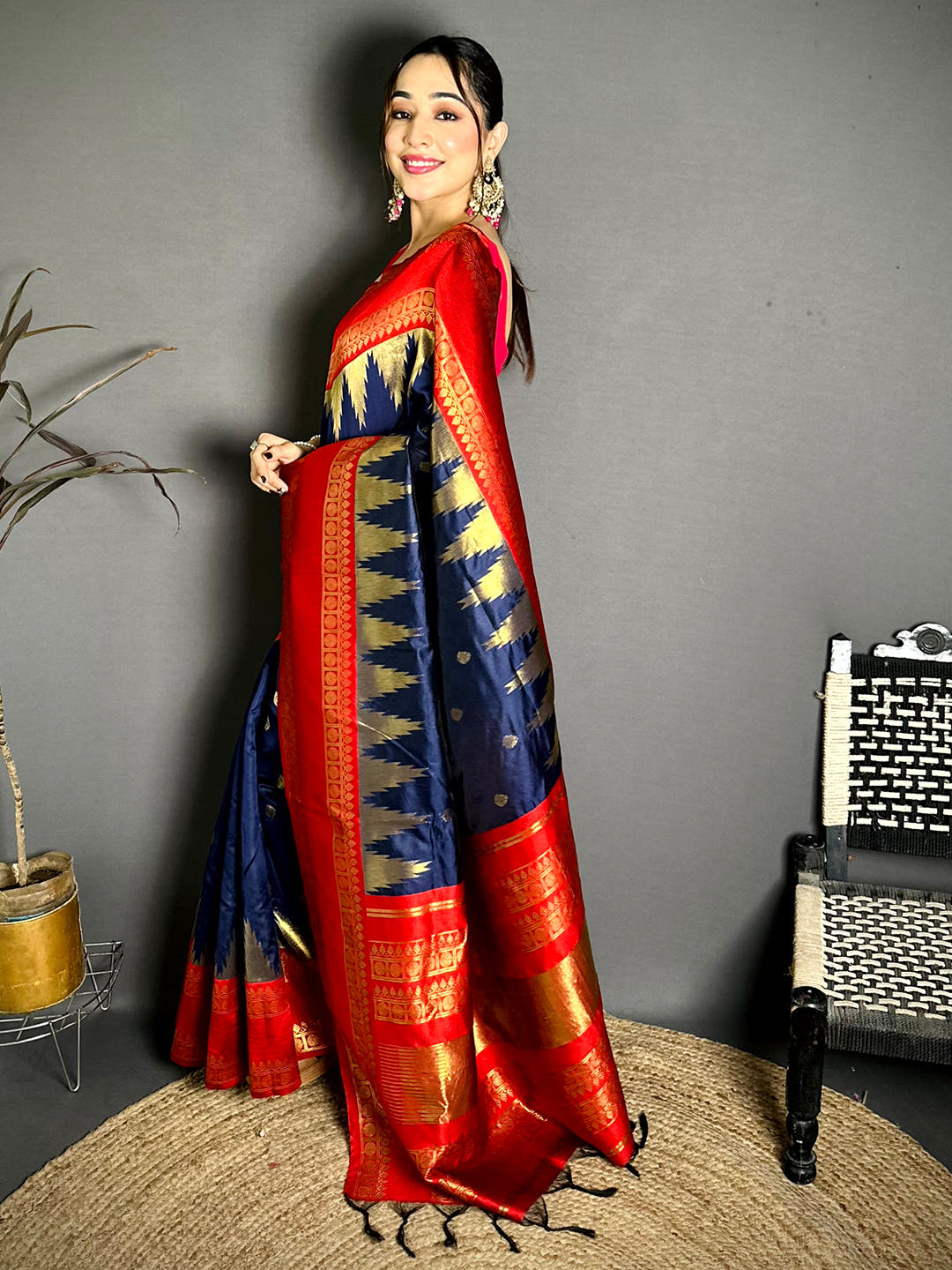 Navy Blue Rudraksha Temple Weave Katan Silk Saree