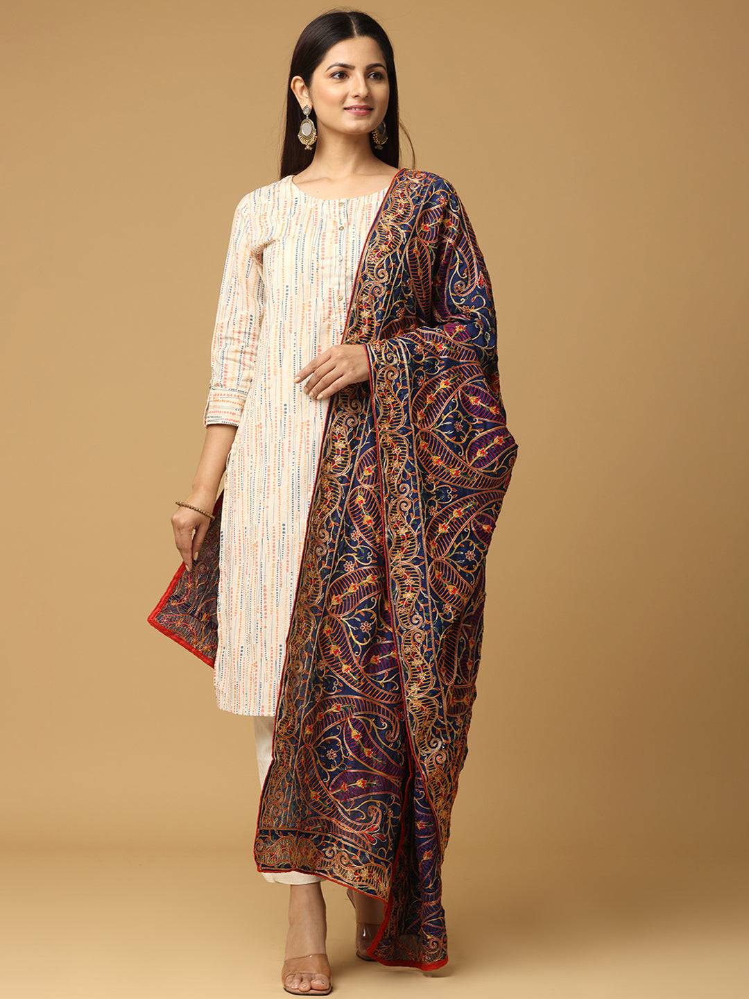 Navy poly chiffon dupatta with pashmina threadwork, front view
