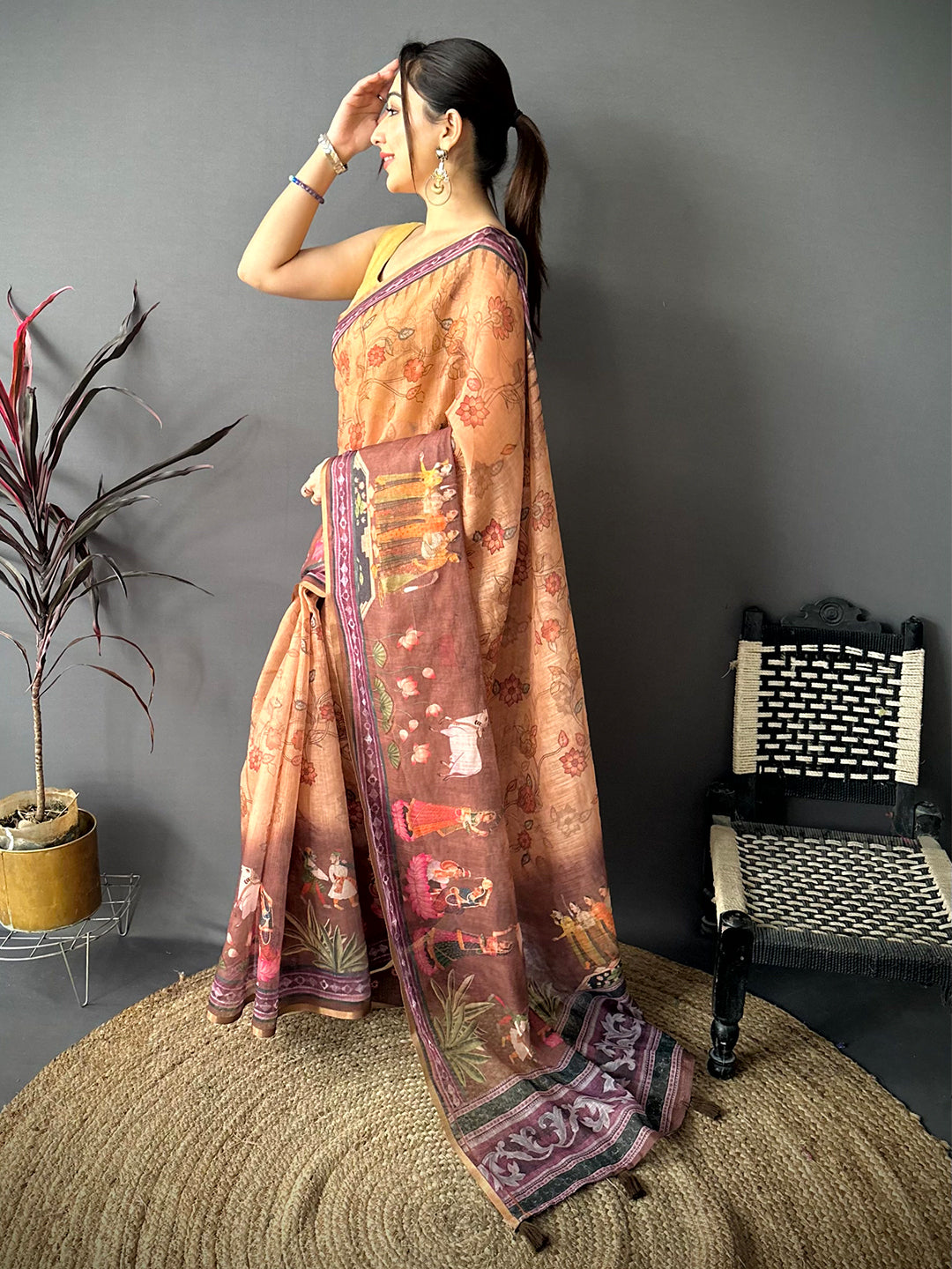Radiant Pen Kalamkari Digital Linen Saree