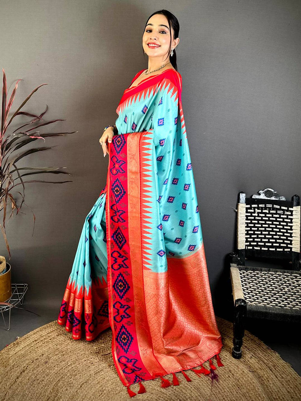Turquoise Contrast Satin Ikat Zari Silk Saree