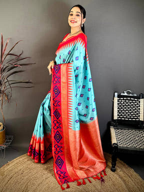 Turquoise Contrast Satin Ikat Zari Silk Saree