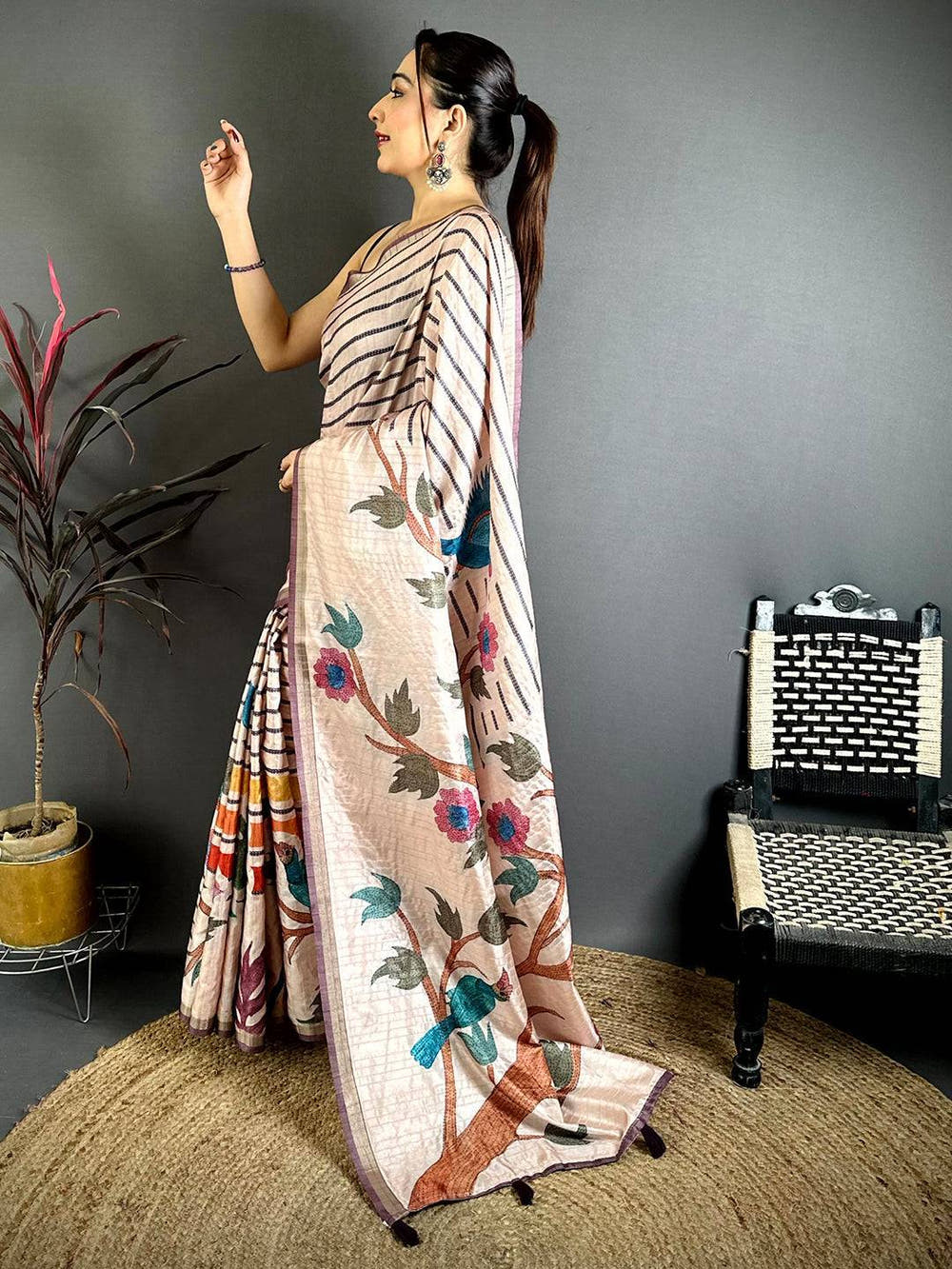 Beige Tussar Ghicha Floral Bird Saree