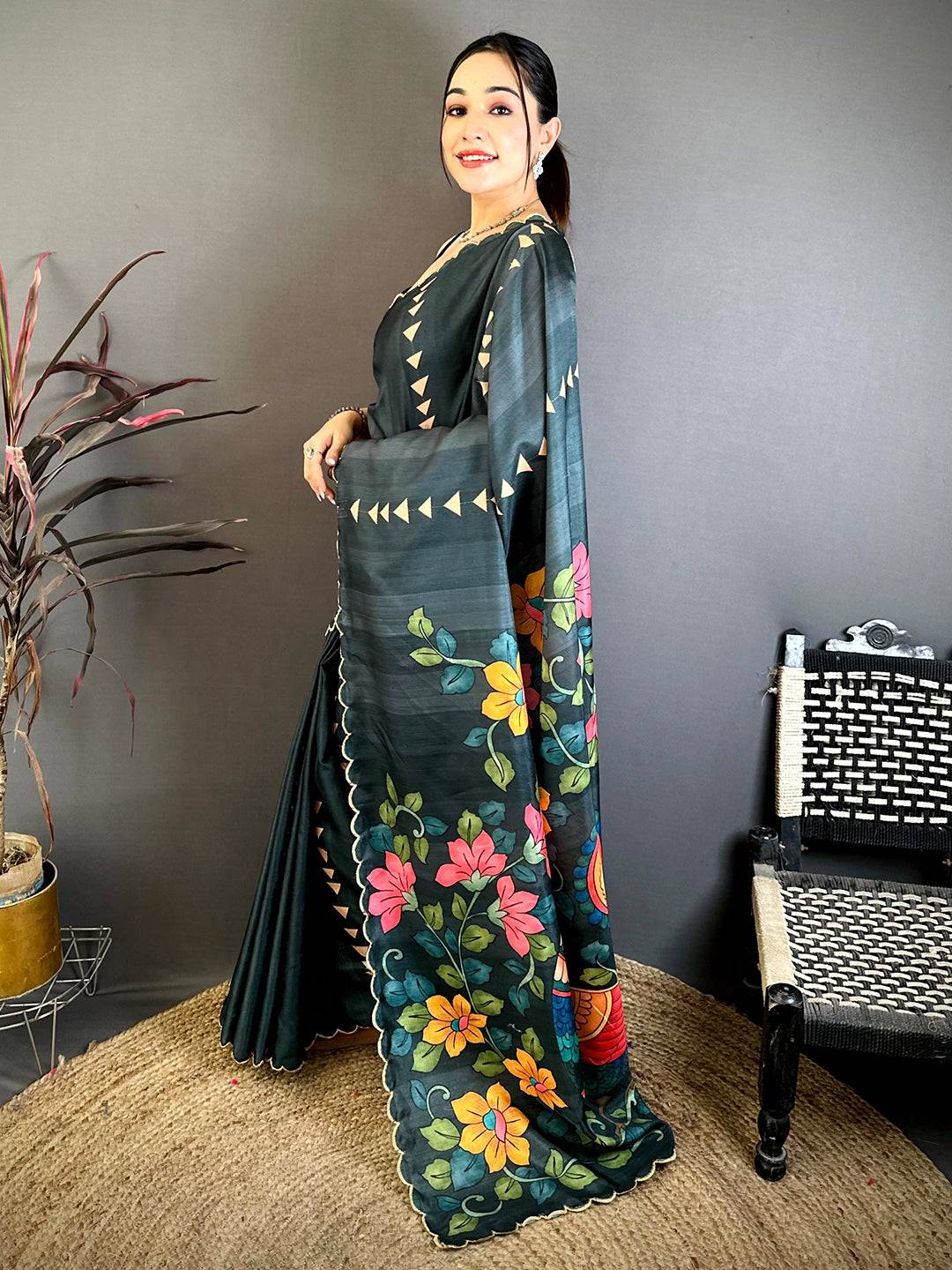 Heritage Kalamkari Cutwork Tussar Saree