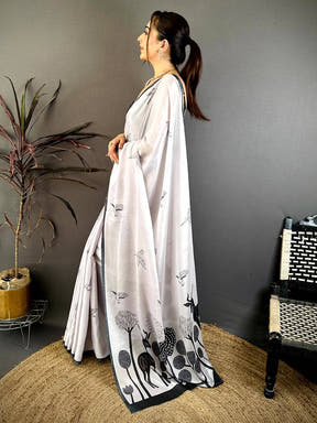 Elegant Bird Print Soft Chiffon Saree