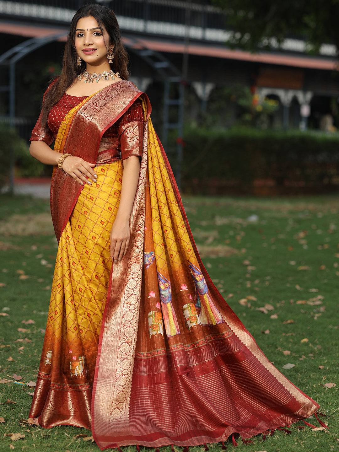 Mustard Colour Viscose Dola Silk Saree With Mughal Motifs