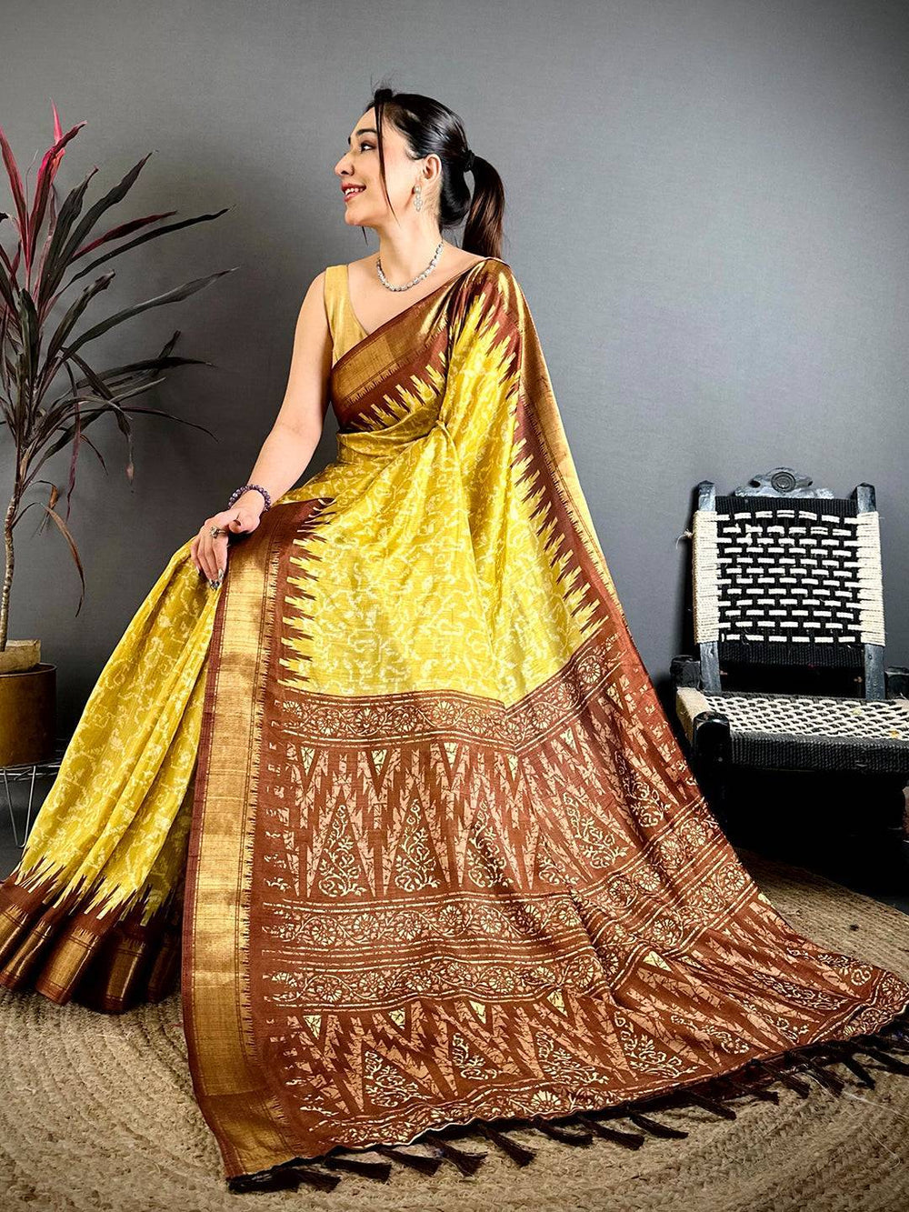 Yellow Pearl Ikkat Dola Silk Saree
