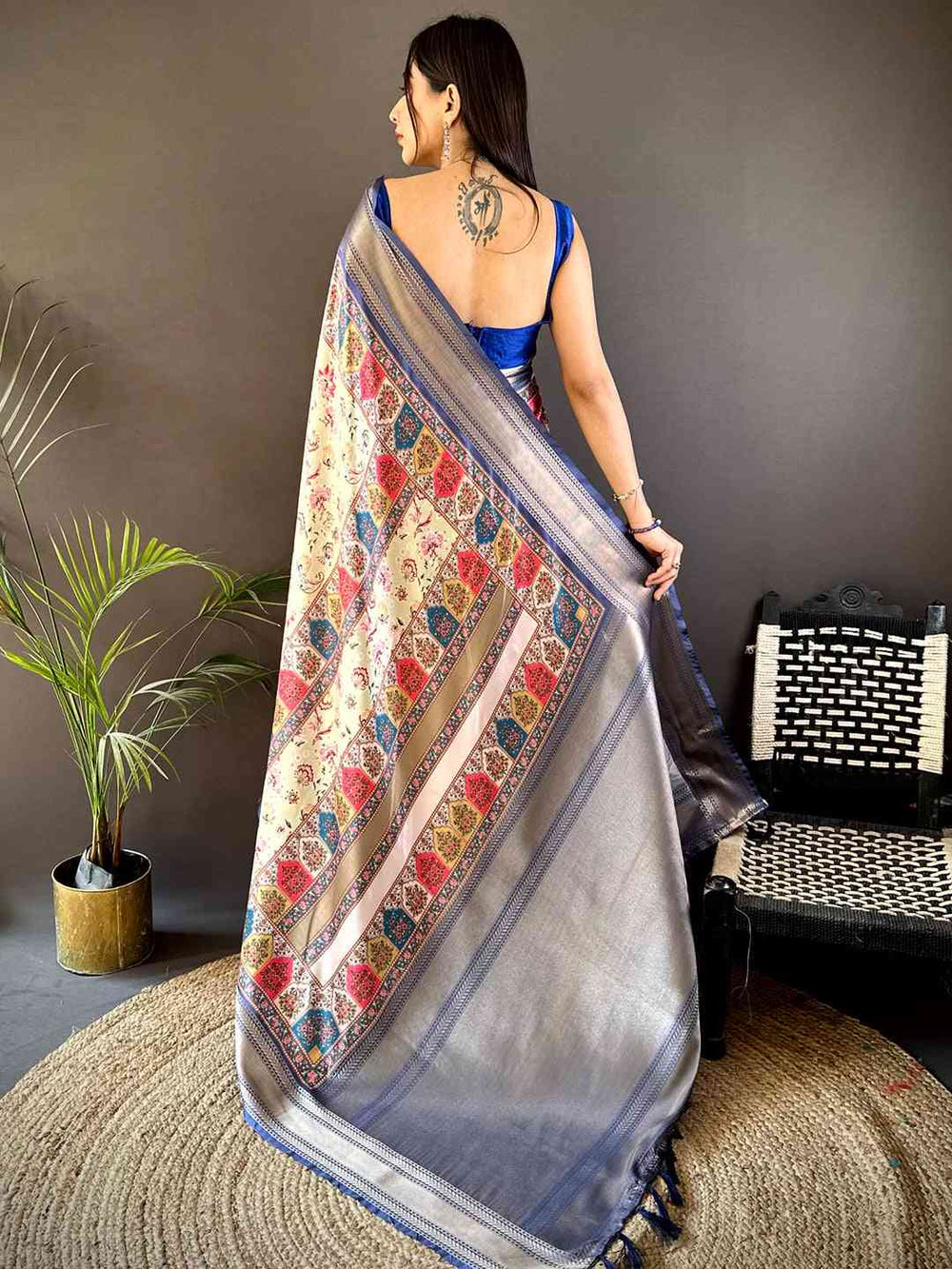 Royal Blue Mughal Kalamkari Print Pashmina Saree