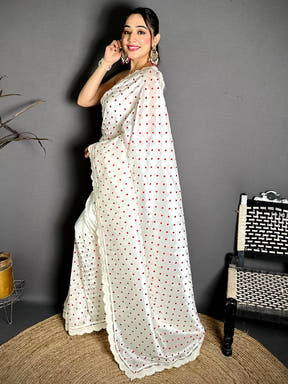 White Soft Tissue Resham Polka Dot Saree