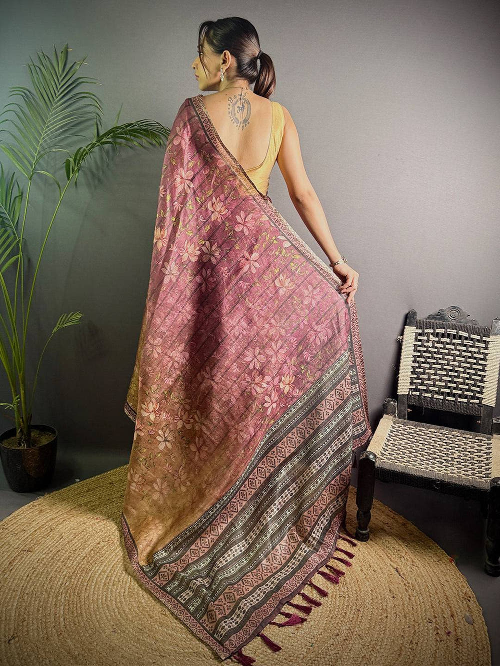 Maroon Linen Juth Digital Print Saree