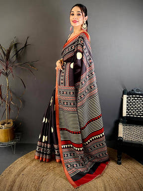 Exclusive Block Ajrakh Print Soft Tussar Saree

