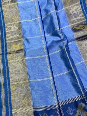 Blue Double Ikat Tussar Silk Saree