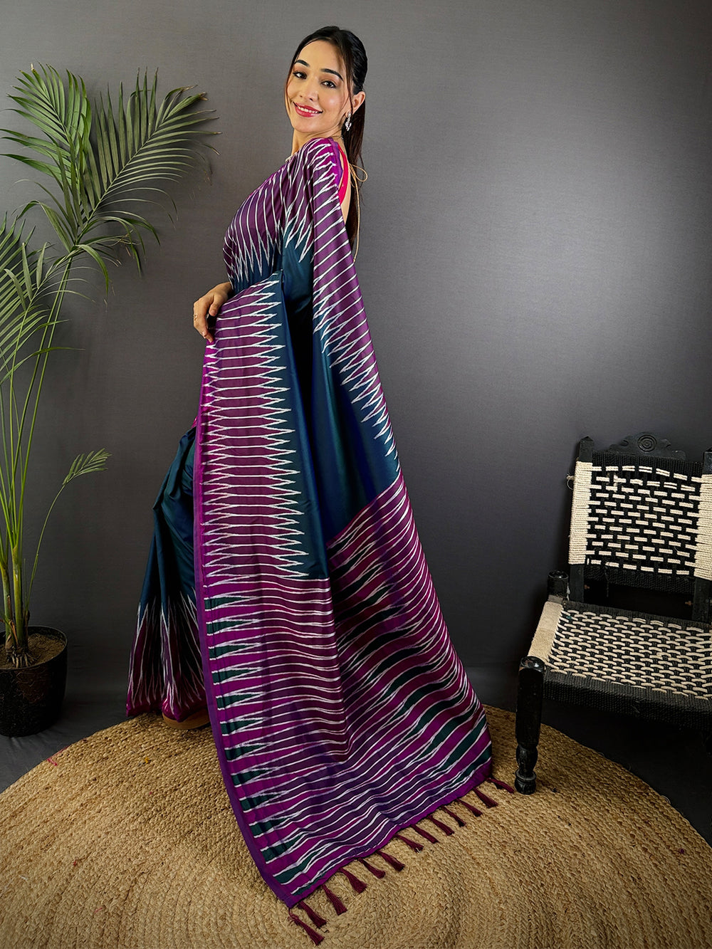 Blue Soft Silk Ikkat Zari Weaving Saree