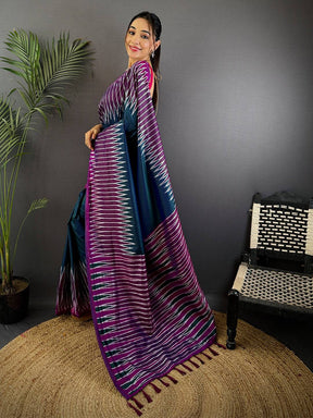 Blue Soft Silk Ikkat Zari Weaving Saree