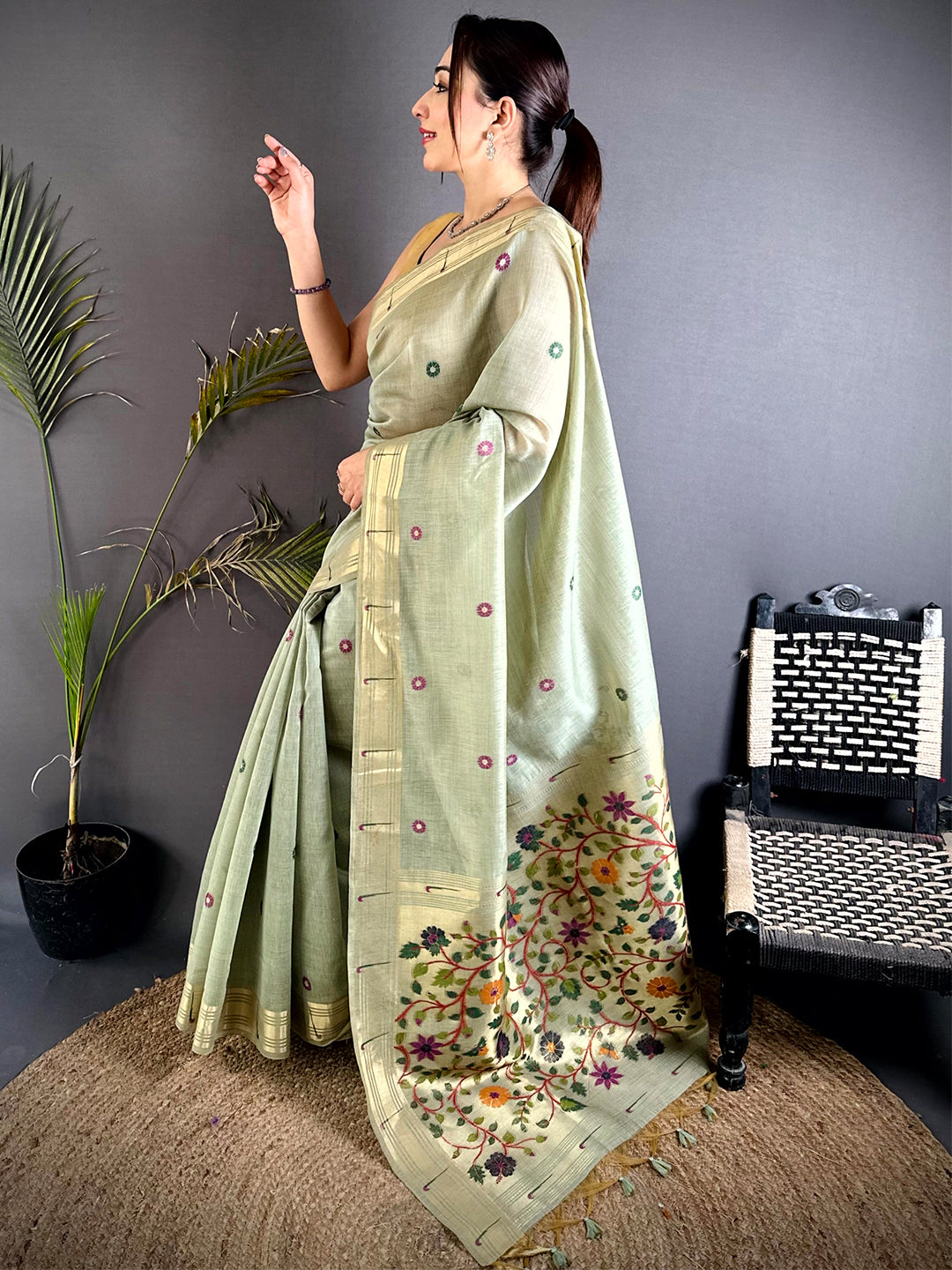 Aura Green Minakari Butti Linen Saree