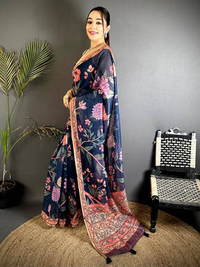 Navy Floral Soft Linen Summer Saree