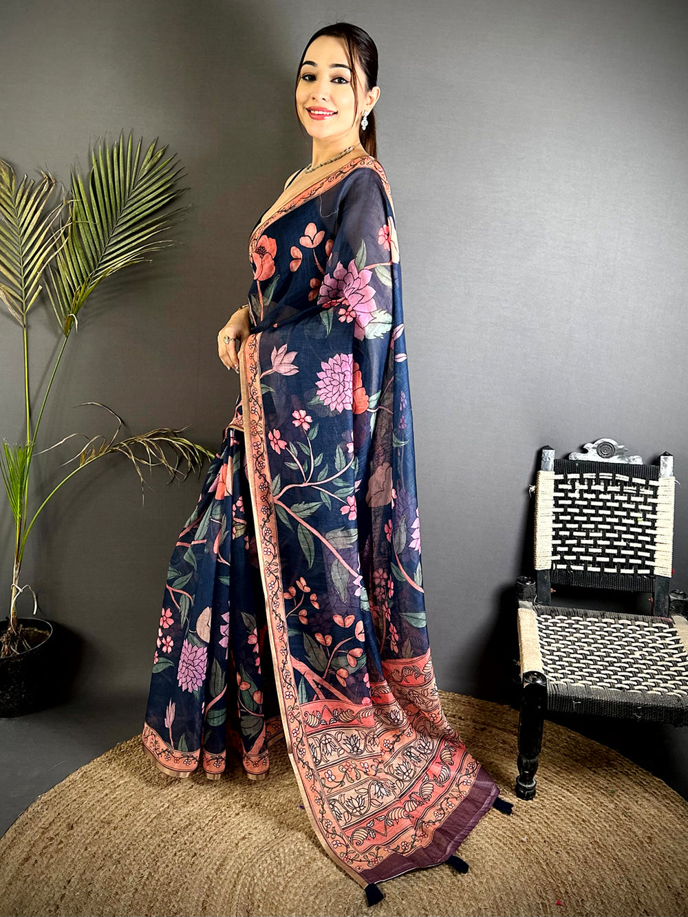 Navy Floral Soft Linen Summer Saree